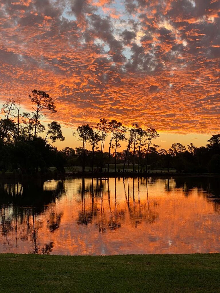 brilliant orange sunset over a pond at Heron Creek
