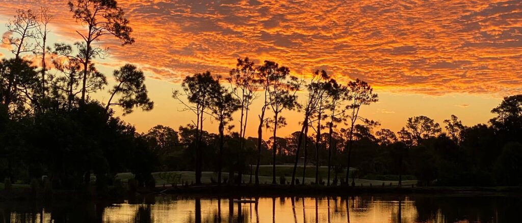 brilliant orange sunset over a pond at Heron Creek