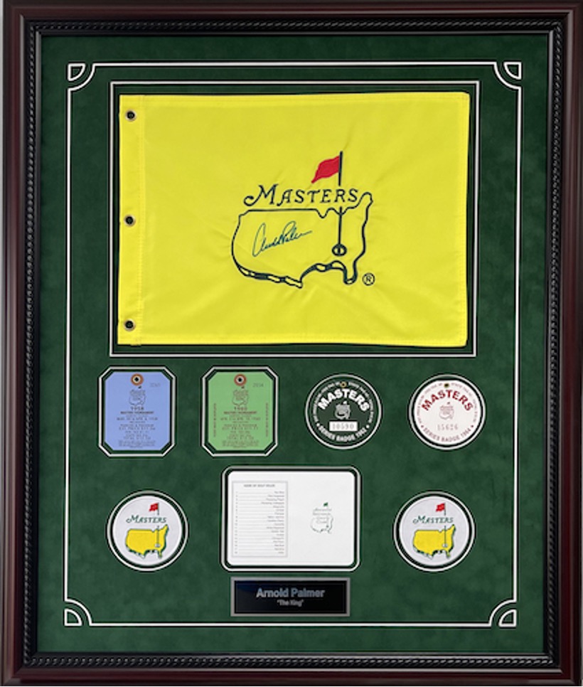 Framed display of Masters flag and a few badges and patches