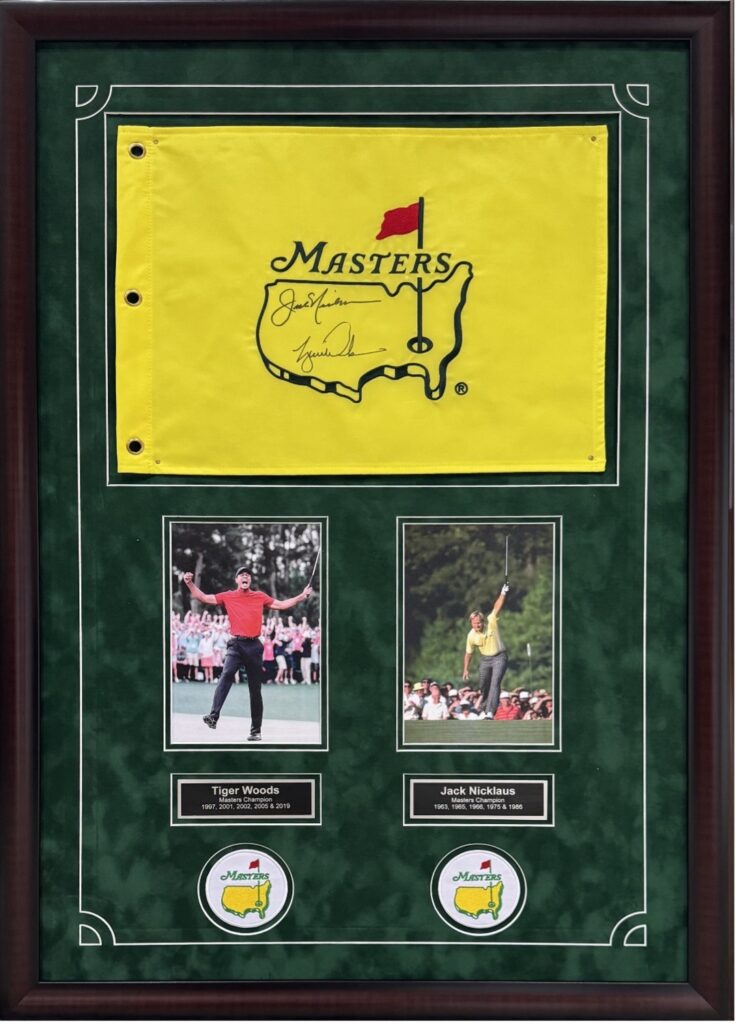 Framed display of Masters flag and a : Jack Nicklaus & Tiger Woods photos, nameplates and patches